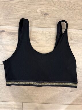 Black Ribbed Scoop Sports Bra with Gold Trim